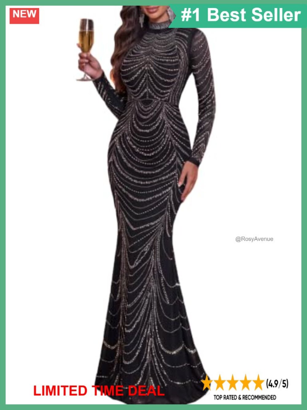 Long Sleeve Rhinestone Mock Neck Mermaid Formal Evening Gown Prom Dress